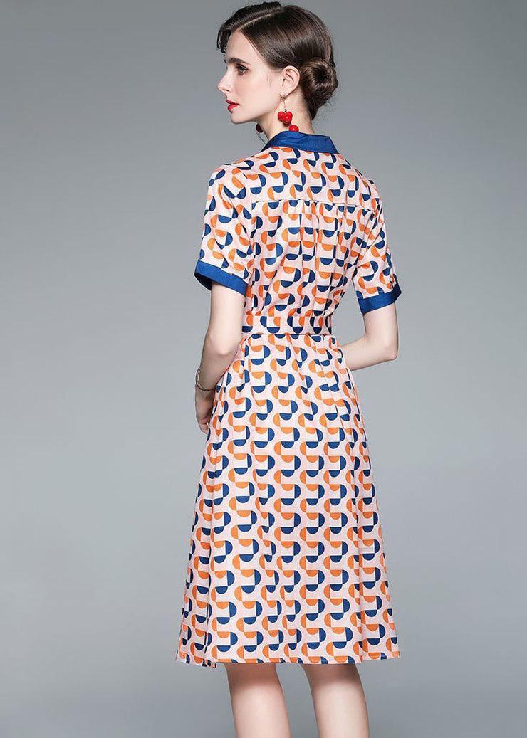 Italienisches Farbblock-Bubikragen-Patchwork-Print-Taillen-Seiden-Cinch-Kleid mit kurzen Ärmeln