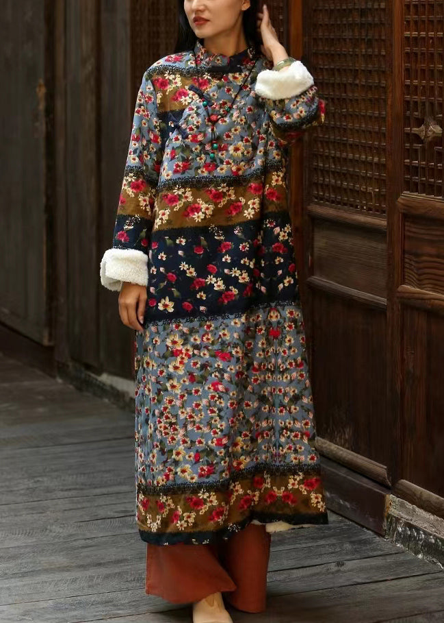 Italian Colorblock Print Patchwork Warm Fleece Dresses Long Dresses Winter