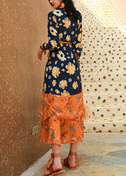Italian Colorblock Ruffled Print Lace Up Patchwork Chiffon Dresses Fall