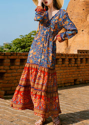 Italian Colorblock Ruffled Print Patchwork Cotton Shirts Long Dress Fall