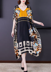 Italian Colorblock V Neck Print Patchwork Loose Silk Dresses Summer