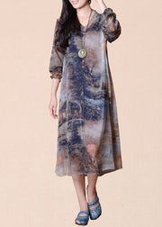 Italian Colorblock V Neck Print Patchwork Silk Dress Summer