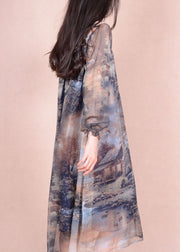 Italian Colorblock V Neck Print Patchwork Silk Dress Summer