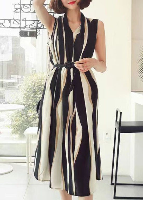 Italian Colorblock V Neck Striped Patchwork Chiffon Dresses Sleeveless