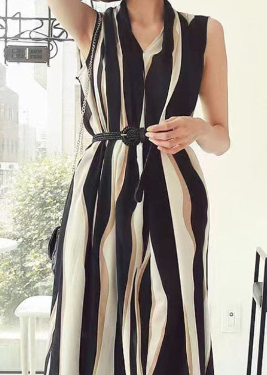 Italian Colorblock V Neck Striped Patchwork Chiffon Dresses Sleeveless