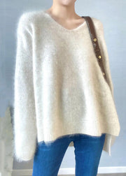 Italian Cozy White V Neck Ma Hai Mao Knit Sweaters Spring