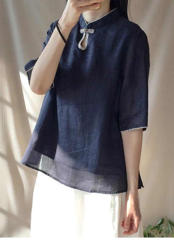 Italian Dark Blue Clothes For Women Stand Collar Half Sleeve Cotton Top - SooLinen