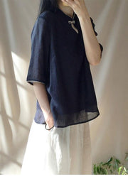 Italian Dark Blue Clothes For Women Stand Collar Half Sleeve Cotton Top - SooLinen