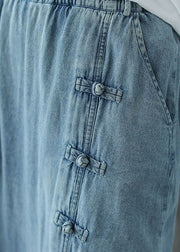 Italian Denim Blue Elastic Waist Asymmetrical Oriental Button Cotton Skirt Summer