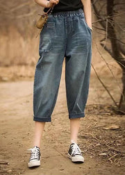 Italian Denim Blue Elastic Waist Asymmetrical Pockets Cotton Crop Pants Summer
