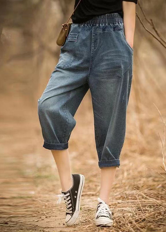 Italian Denim Blue Elastic Waist Asymmetrical Pockets Cotton Crop Pants Summer