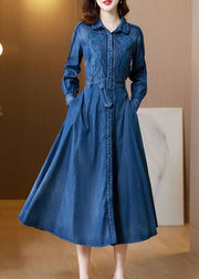 Italian Denim Blue Embroidered Exra Large Hem Cotton Cinched Dress Spring