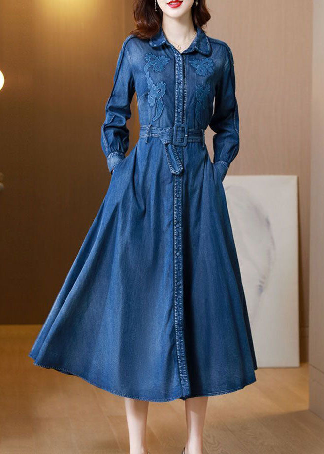 Italian Denim Blue Embroidered Exra Large Hem Cotton Cinched Dress Spring
