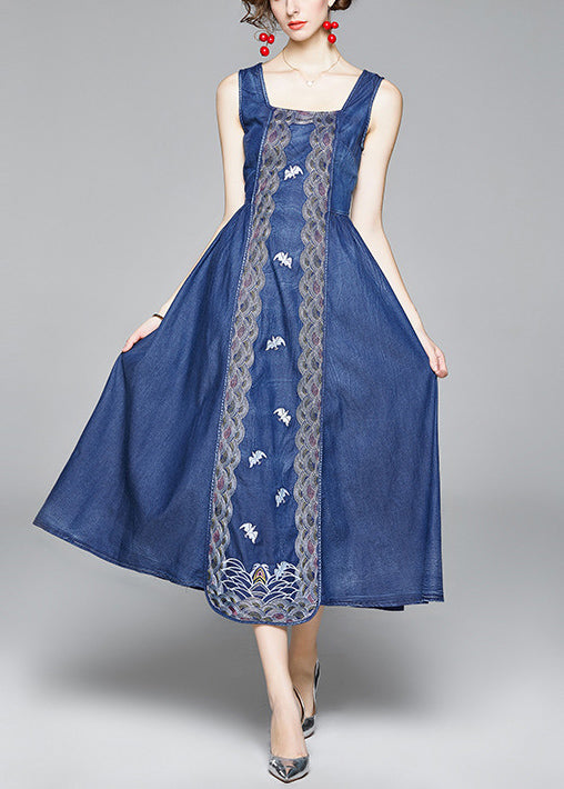 Italian Denim Blue Embroidered Wrinkled Cotton Vacation Strap Dresses Sleeveless