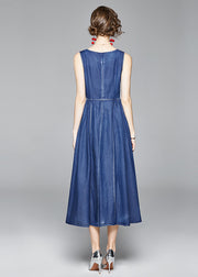 Italian Denim Blue Embroidered Wrinkled Cotton Vacation Strap Dresses Sleeveless