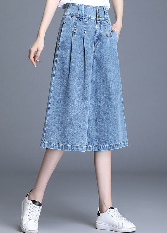 Italian Denim Blue High Waist Wrinkled Pockets Cotton Crop Straight Pants Summer
