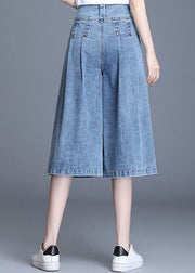 Italienische Jeansblaue, hohe Taille, faltige Taschen, Baumwolle, gerade Hose, Sommer