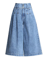 Italienische Jeansblaue, hohe Taille, faltige Taschen, Baumwolle, gerade Hose, Sommer