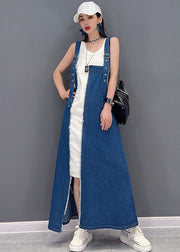 Italian Denim Blue Patchwork Cotton Fake Two Piece Strap Dresses Summer