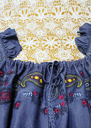 Italian Denim Blue Ruffled Embroidered Cotton A Line Dress Half Sleeve