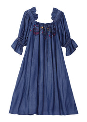 Italian Denim Blue Ruffled Embroidered Cotton A Line Dress Half Sleeve