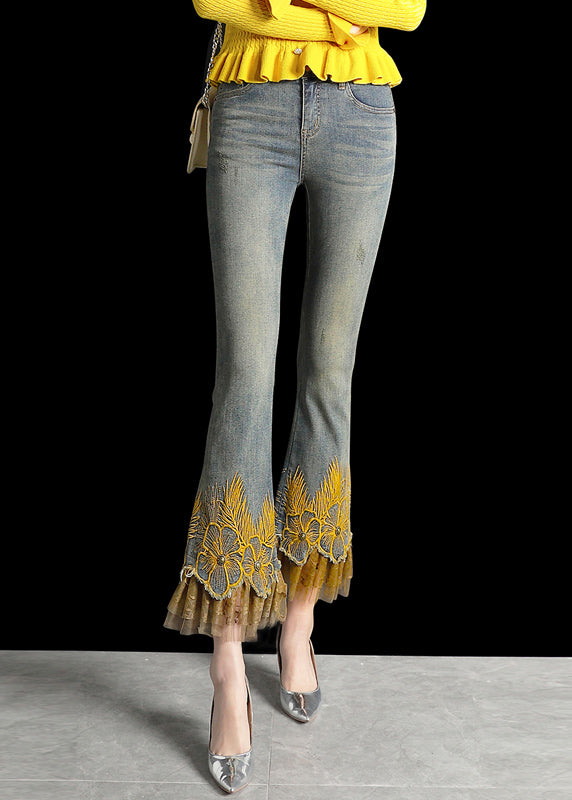 Italian Denim Blue Wraped High Waist Embroidered Pockets Patchwork Tulle Cotton Flare Pants Summer