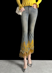 Italian Denim Blue Wraped High Waist Embroidered Pockets Patchwork Tulle Cotton Flare Pants Summer