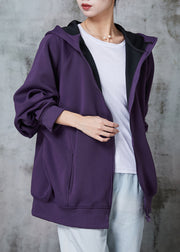 Italian Dull Purple Hooded Pockets Cotton Sweatshirt Jackets Spring