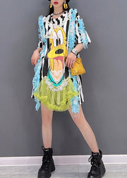 Italian Embroidered Ruffled Cartoon Striped Tulle Patchwork Tops Short Sleeve
