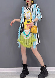 Italian Embroidered Ruffled Cartoon Striped Tulle Patchwork Tops Short Sleeve