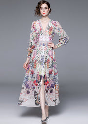 Italian Floral V Neck Front Open Patchwork Chiffon Vacation Dresses Long Sleeve