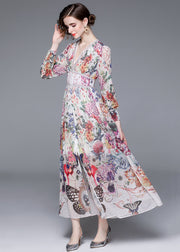 Italian Floral V Neck Front Open Patchwork Chiffon Vacation Dresses Long Sleeve
