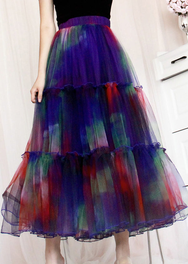 Italian Gradient Color Ruffled Patchwork Tulle Skirts Summer