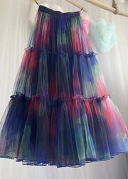 Italian Gradient Color Ruffled Patchwork Tulle Skirts Summer