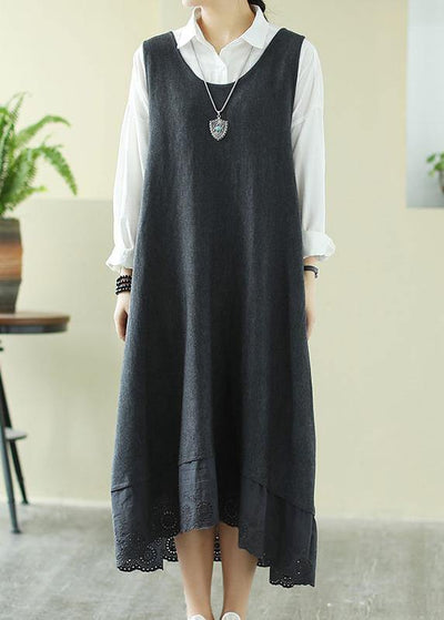 Italian Gray Outfit O Neck Sleeveless Robes Spring Dress - SooLinen