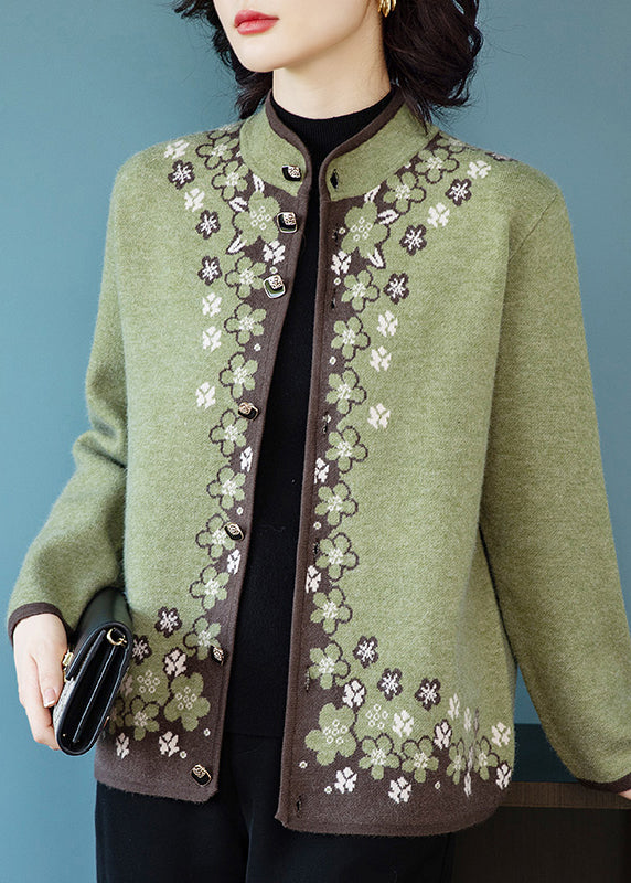 Italian Green Button Print Patchwork Knit Coats Fall