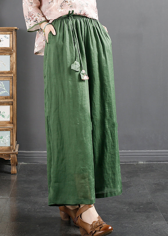 Italian Green Elastic Waist Drawstring Linen Wide Leg Pants Spring
