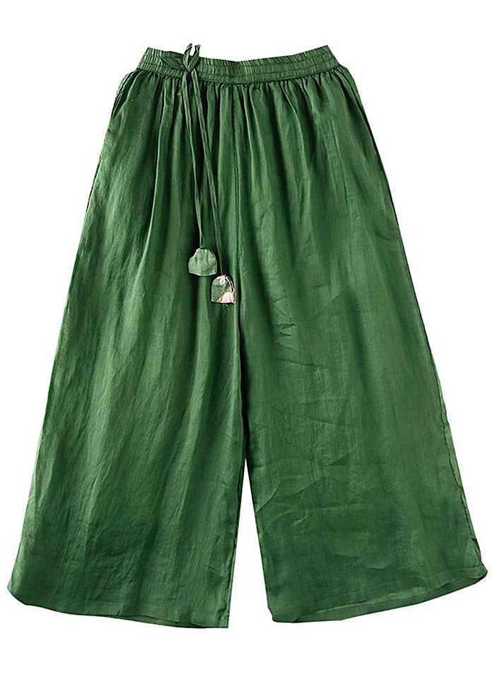 Italian Green Elastic Waist Drawstring Linen Wide Leg Pants Spring