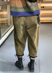 Italian Green Elastic Waist Solid Corduroy Fleece Pants Trousers Winter