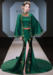 Italian Green Embroidered Front Open Silk Long Dresses Set Fall