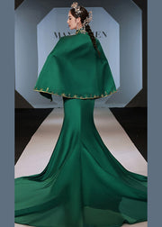 Italian Green Embroidered Front Open Silk Long Dresses Set Fall