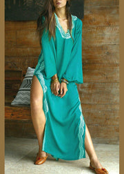 Italian Green Embroideried Long sleeve Cotton Dress Beach Gown Summer - SooLinen