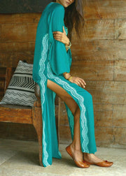 Italian Green Embroideried Long sleeve Cotton Dress Beach Gown Summer - SooLinen