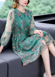 Italian Green Embroidered Tie Waist Tulle Mid Dress Summer