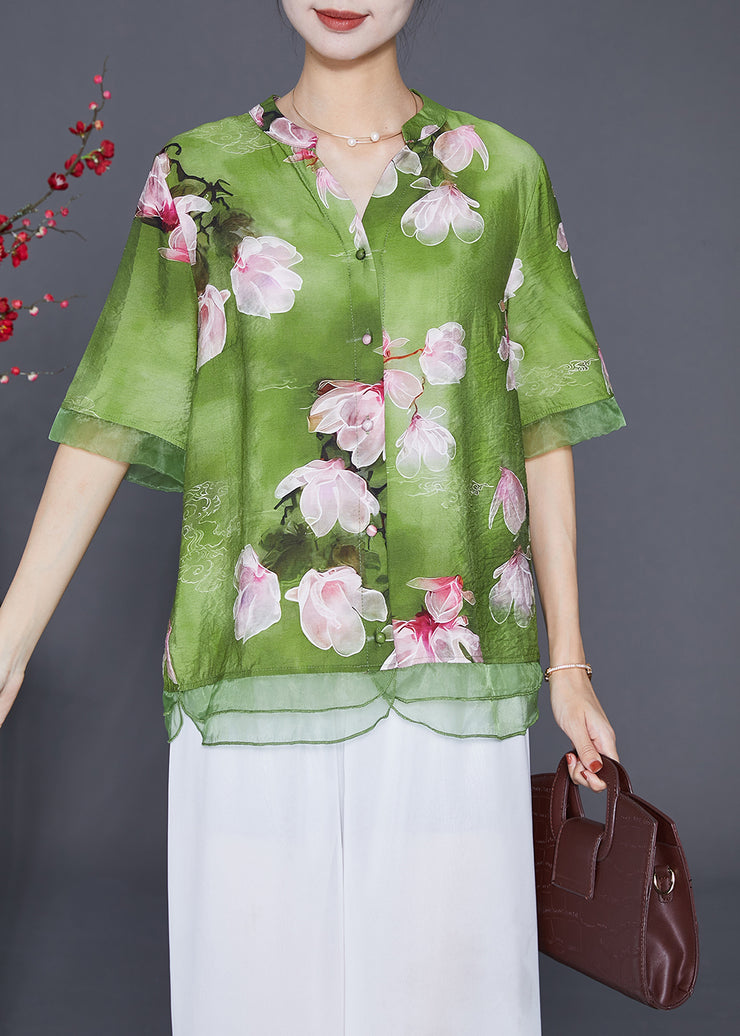 Italian Green Floral Patchwork Organza Linen Silk Shirt Top Half Sleeve