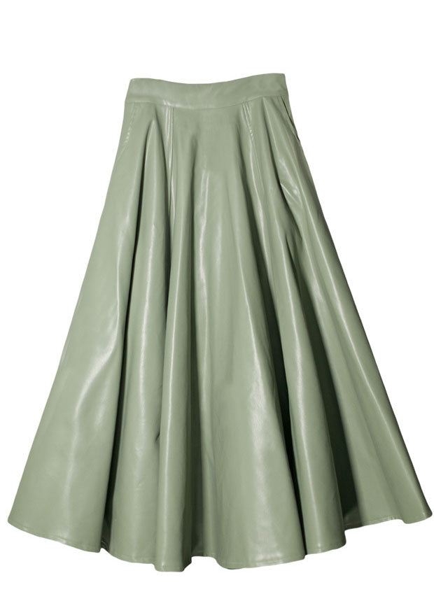 Italian Green High Waist Exra Large Hem Thick Faux Leather Skirt Spring