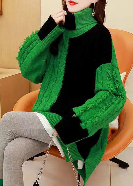 Italian Green Hign Neck Thick Patchwork Knit Sweaters Spring