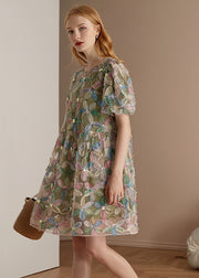 Italian Green O Neck Floral Patchwork Tulle Mid Dresses Puff Sleeve
