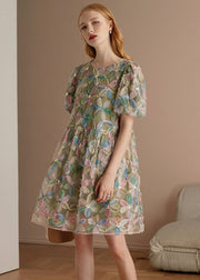 Italian Green O Neck Floral Patchwork Tulle Mid Dresses Puff Sleeve