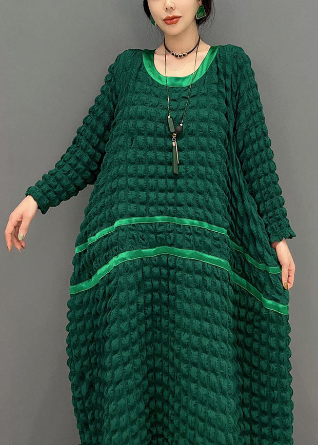 Italian Green O-Neck Loose Wrinkled  Silk  Dresses Spring